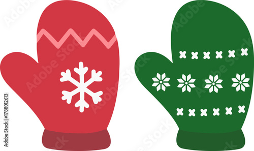 winter knitted mittens pair icon, flat christmas vector illustration set
