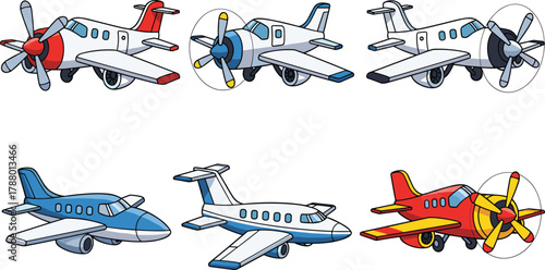 Cartoon airplane illustration, propeller and jet designs, colorful aircraft set, front and side views, vector transportation, playful style, kids aviation, flat lay, educational art