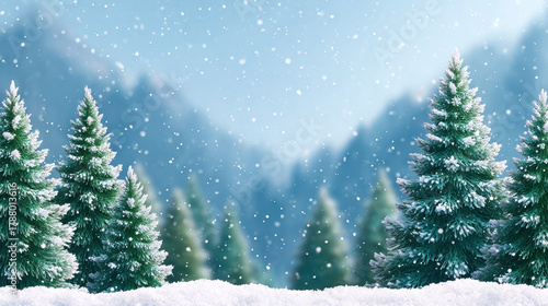 Christmas banner with snowy pine trees and falling snowflakes creating festive winter forest scene full of holiday spirit and calm beauty