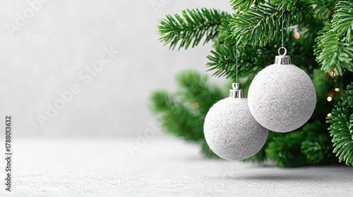 Christmas banner with white textured baubles hanging on green pine branch creating festive holiday decoration and joyful winter atmosphere