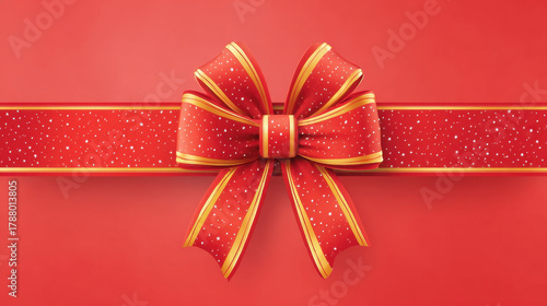 Red Christmas banner with festive bow decorated with gold stars and stripes perfect for holiday celebration and seasonal decoration