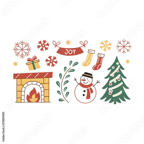 Cozy Christmas Elements with Fireplace Snowman Tree Stockings and Joyful Decor Illustration