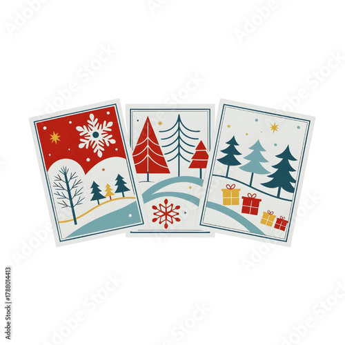 Christmas Greeting Cards with Snowy Trees Gifts Snowflakes and Winter Landscape Illustration