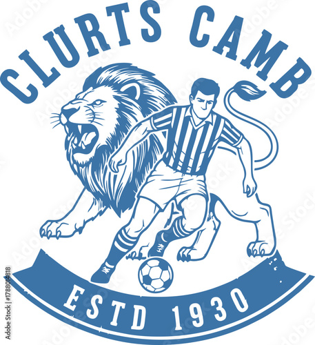 Vintage CLURTS CAMB ESTD 1930 Lion and Football Player Emblem for Sports Team or Club