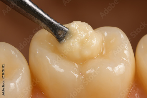 Extreme close-up of a dental restoration process showing composite resin being applied to a molar with a metal instrument, revealing the precision and texture of modern dental treatment.