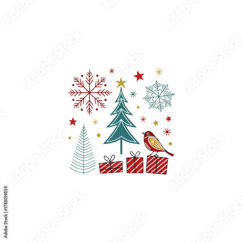 Christmas Tree with Robin Bird Gifts Snowflakes and Holiday Stars Illustration