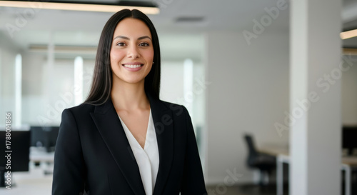 Happy, smiling Latin American businesswoman standing confidently in a bright, modern office looking at camera. Free Download Happy, smiling Latin American businesswoman standing confidently in a bright, modern office looking at camera. - GFXLoad