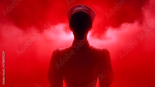 Mysterious Nurse Silhouette in a Red Foggy Environment
