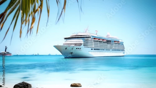 Wallpaper Mural Aerial view of a tropical beach with palm tree and cruise ship under clear blue sky. Torontodigital.ca