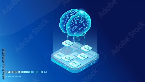 Low-code platform connected to AI concept - abstract isometric futuristic vector illustration