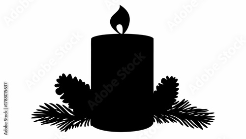 Elegant black silhouette of a lit candle with festive pine branches creating a warm, celebratory holiday atmosphere for seasonal designs