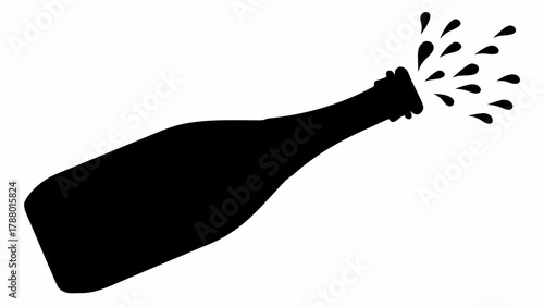 Dynamic black silhouette of a champagne bottle with bubbly liquid erupting, perfect for celebration and success themes.