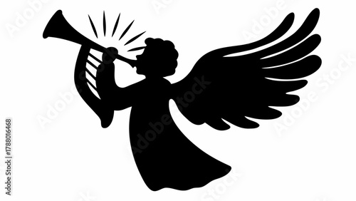 Majestic angel silhouette joyfully plays trumpet announcing celestial tidings with radiant wings extended in a symbolic gesture of peace and hope
