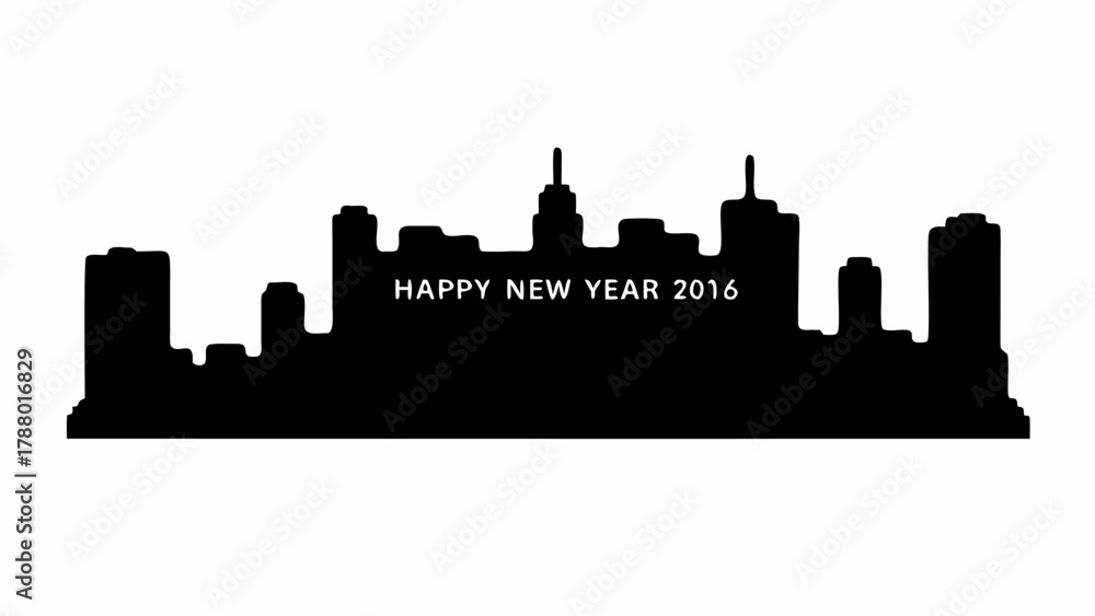 Naklejka premium Celebrate the dawn of a new year with a dynamic city skyline silhouette marking Happy New Year 2016, perfect for festive greetings and modern designs