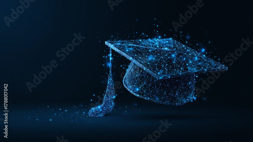 A digital rendering of an academic graduation cap composed of glowing blue particles, against a dark background, representing knowledge and learning