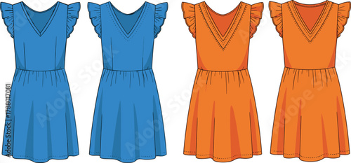 Cartoon dresses illustration, blue and orange outfits, ruffled sleeves, neckline detail, fashion design, kids clothing, vector style, stylish apparel, flat lay, playful look