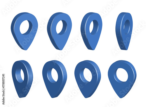 3D vector illustration of a blue map pointer isolated on a white background, representing navigation, location, and positioning concepts for travel, GPS, and digital maps.