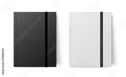 Realistic blank copybook template in black and white colors with elastic band and ribbon bookmark, isolated on white background, perfect for stationery design, mockups, branding presentations and