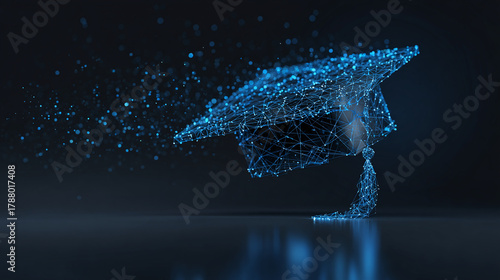 A digital representation of a graduation cap with glowing particles floating around it, symbolizing academic achievement and knowledge