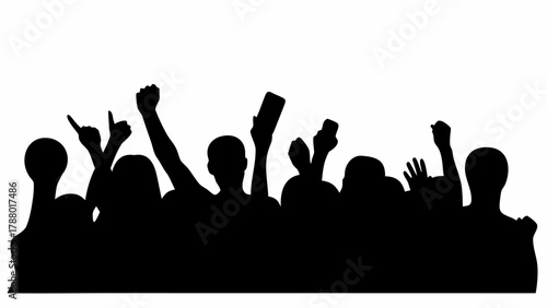 Excited crowd cheering and celebrating with raised hands at a vibrant event, capturing pure joy and energy for dynamic designs.