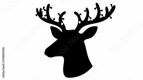 Elegant black silhouette of a reindeer head adorned with festive string lights, perfect for holiday promotions and winter themes.
