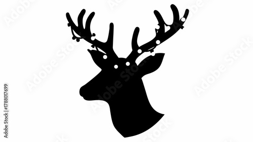 Elegant black silhouette of a deer head adorned with festive Christmas lights, perfect for seasonal celebrations and winter themes.