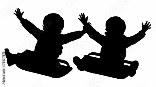 Joyful children soaring down snowy hills on sleds, arms raised in exhilaration, capturing winter's pure delight and outdoor adventure.