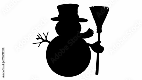 Charming black silhouette of a cheerful snowman wearing a top hat and holding a broom, perfect for festive winter designs.