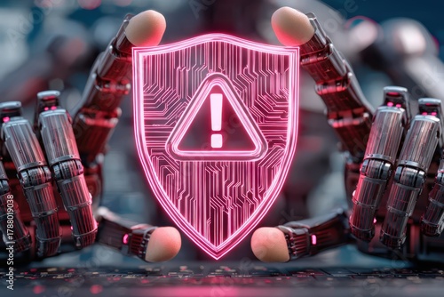 Robot hands delicately safeguard a glowing digital security shield displaying an alert symbol representing the importance of cybersecurity in a technologically advanced environment