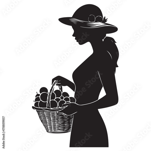 Woman Holding Basket silhouette, Woman holding the fuits basket silhouette, A silhouette of a Woman holding a basket of fresh fruits 