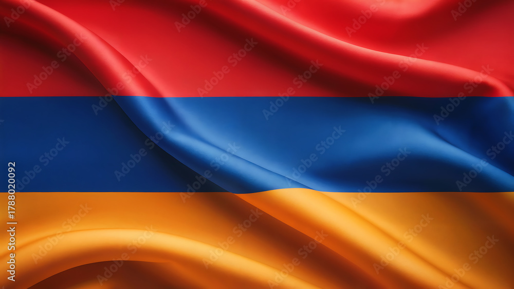 Fototapeta premium A photograph of the Armenian flag displayed as a clean, full-frame background with its three horizontal stripes in perfect proportion. The top stripe is a deep crimson red, the middle stripe is a rich