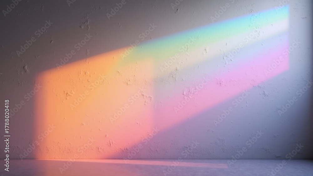 Naklejka premium Vibrant rainbow reflection on textured wall creates serene atmosphere, showcasing beauty of light and color interplay
