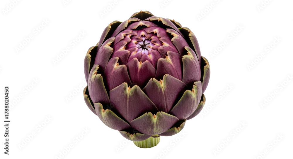 Fototapeta premium Isolated purple artichoke on a clean backdrop, edible flower bulb, spring vegetable