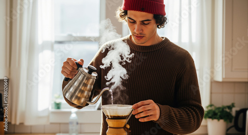 Young man brewing pour-over coffee in a sunlit kitchen. Barista pouring hot water from a kettle into a dripper. Morning routine and specialty coffee culture.