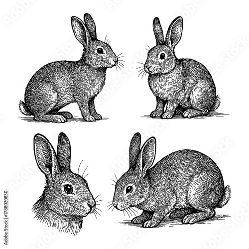 Rabbit sketches in detailed vintage engraving style, Transparent Background