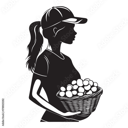 Woman Holding Basket silhouette, Woman holding the fuits basket silhouette, A silhouette of a Woman holding a basket of fresh fruits 