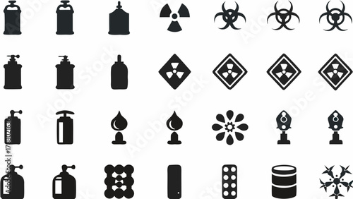 Collection of safety symbols and containers in a variety of black silhouettes