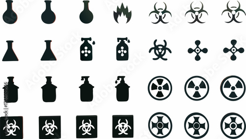Illustration showing rows of chemical flasks, fire, biohazard and radiation symbols on a white background