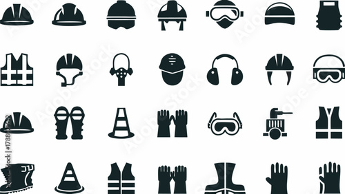 Illustration showing various safety equipment including helmets vests gloves and other protective gear items