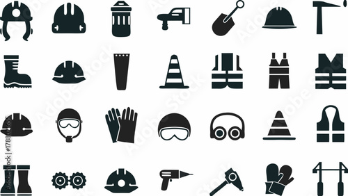Illustration of various construction and safety equipment icons including helmets vests and tools shown in black