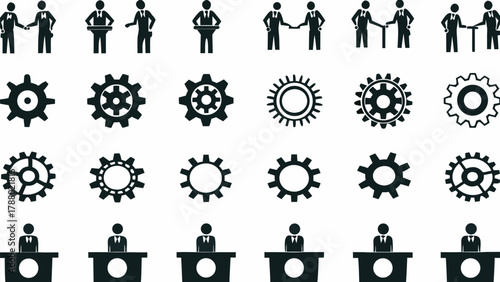 Illustration showing business people shaking hands and gears and people at desks in black and white