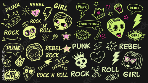 Punk Doodle Pattern – Neon Hand-Drawn Stickers on Dark Background (Vector)