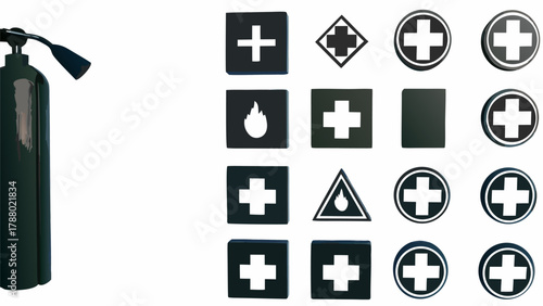 Essential fire safety and first aid icons with extinguisher graphic for business and emergency preparedness