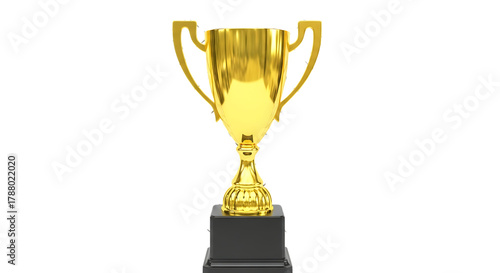 A gleaming golden trophy with handles stands proudly on a dark pedestal against a solid black background