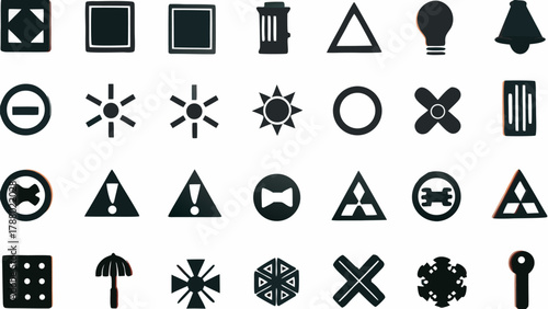 A collection of various geometric shapes and symbols arranged in a grid pattern on a white background