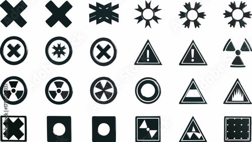 Illustration of various warning signs including radiation symbols triangles and cross marks in black color on white