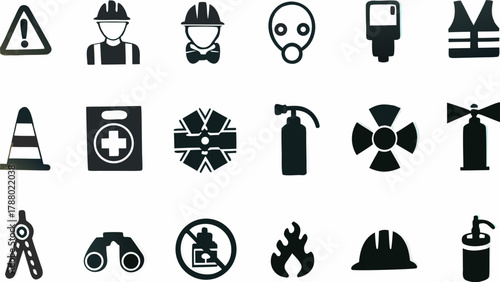 Illustration displaying safety and construction related icons in a simple black and white design style