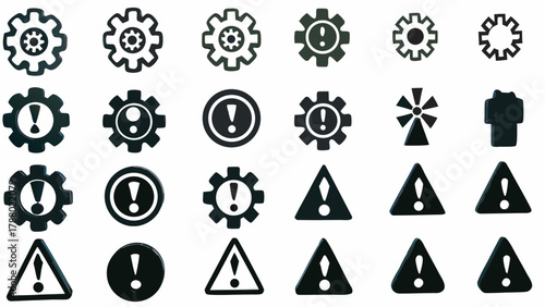 Illustration of various black warning symbols including gears exclamation points and triangles icons set up