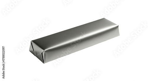 A single rectangular bar of silver wrapped candy or chocolate isolated on a black background