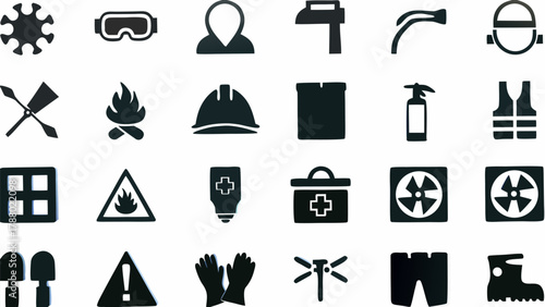 Illustration of various safety and emergency icons including fire, medical, and protective equipment items